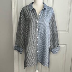 Habitat Grey Blue Stripe Colorblock Button Up Tunic Shirt Linen Large Lagenlook